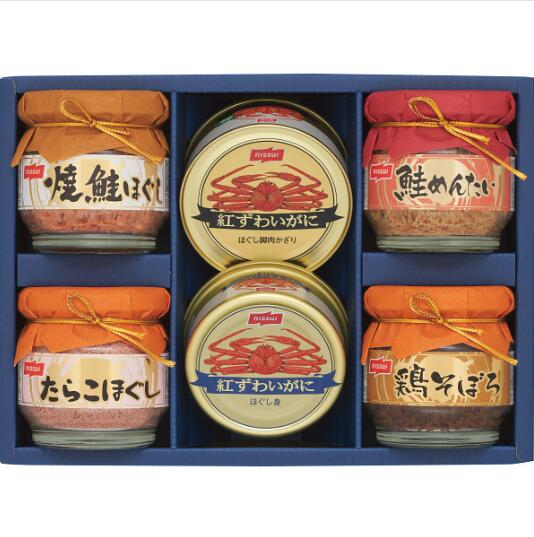 ニッスイ 瓶詰・かに缶詰ギフトセット BK-40C 毎ご飯のお供に最適な瓶詰と料理を彩る、かに缶詰のバラエティーギフトです。(紅ずわいがにほぐし脚肉飾り、紅ずわいがにほぐし身、焼鮭ほぐし)【鮭ほぐし シャケ 焼き鮭 かに缶 カニ缶 かに缶 蟹 ギフト】