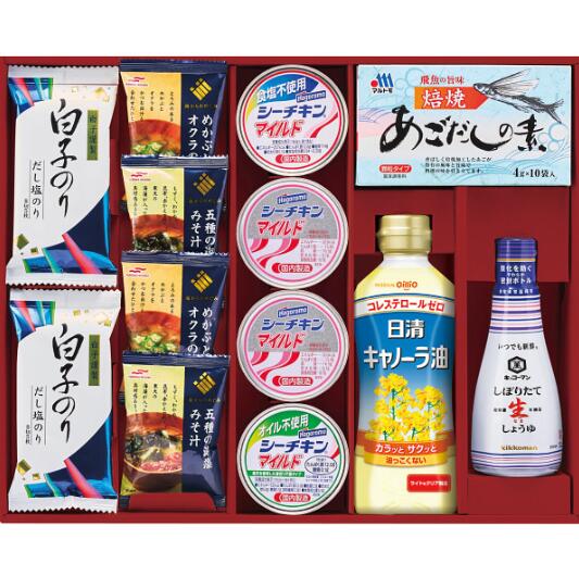 百味彩和膳 HST30Aシーチキンをはじめ、しっかり具だくさんのお味噌汁・海からのめぐみ、キッコーマンしぼりたて生しょうゆや、日清ヘルシーキャノーラ油、あごだしの素など食卓で重宝するもの【調味料ギフト 調味料詰合せ オイル 健康油】