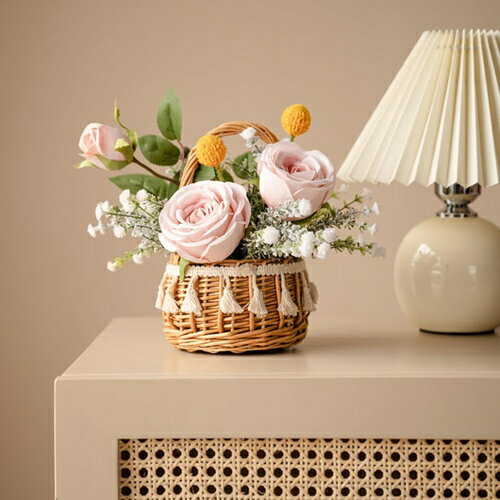 造花セット フェイクフラワー シルクフラワー 草編みかご付き 水やり不要 枯れない アートフラワー フ..