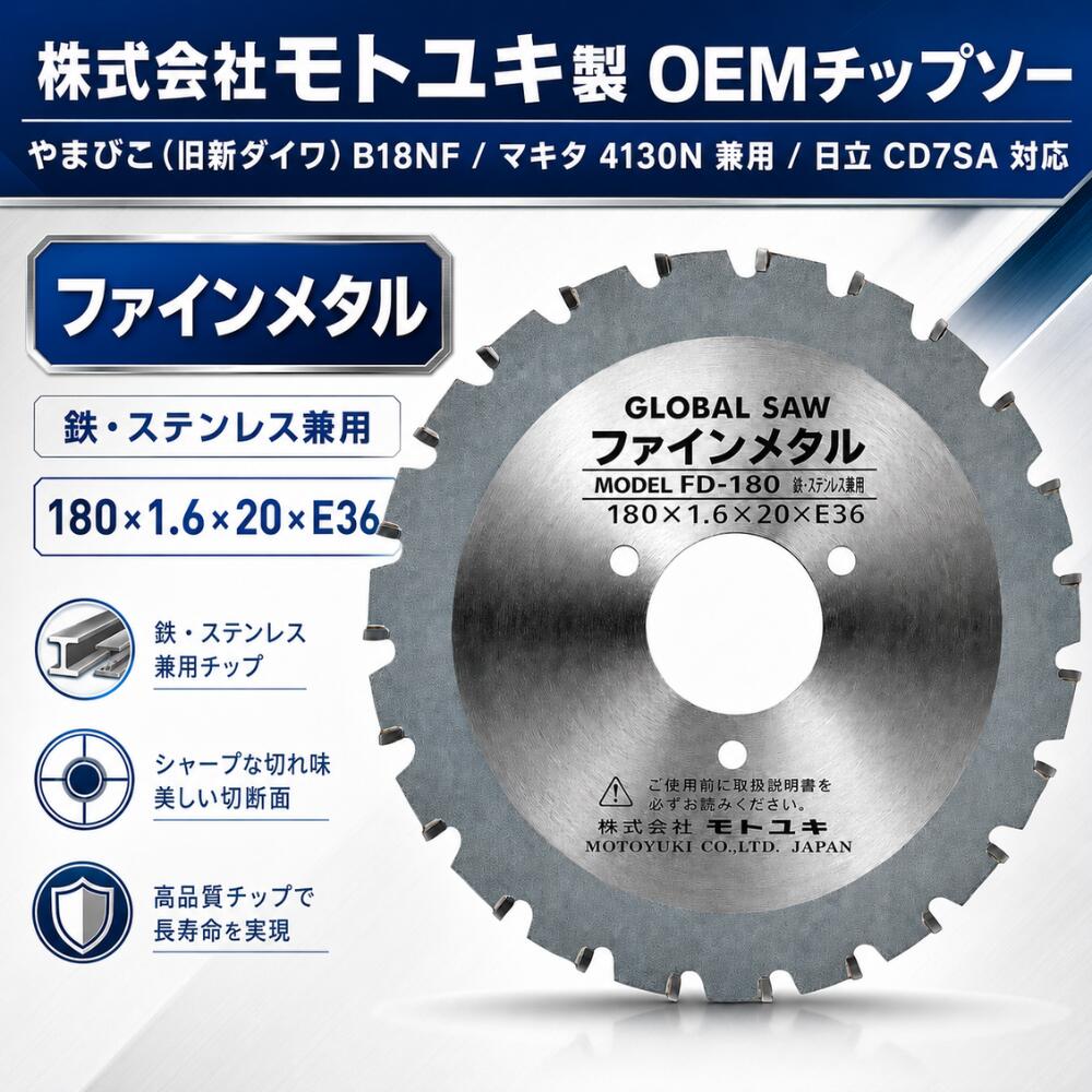 モトユキ製 OEMチップソー FD-180 ファインメタル やまびこ（旧新ダイワ）B18NF、マキタ 4130N、日立 CD7SAに対応した 鉄・ステンレス兼用のOEMチップソーです。 鉄筋切断機・チップソーカッター用の替刃、交換刃としてご使用いただけます。 商品の特長 株式会社モトユキ製の高品質OEMチップソー 鉄・ステンレス兼用タイプ シャープな切れ味で美しい切断面を実現 交換用・予備用の替刃としておすすめ 対応機種に装着してすぐに使用可能 対応機種 メーカー 対応型式 やまびこ（旧新ダイワ） B18NF マキタ 4130N 日立 CD7SA 商品仕様 商品名 OEMチップソー FD-180 ファインメタル メーカー 株式会社モトユキ サイズ 180×1.6×20×E36 用途 鉄・ステンレス切断用 入数 1枚 純正品の代替用としてコストを抑えたい方や、現場での交換用・予備用としておすすめです。 鉄やステンレスの切断作業に対応し、安定した切れ味を発揮します。 ※ご購入前に、必ずお使いの機種・サイズ・取付穴径をご確認ください。鉄・ステンレス切断に対応したモトユキ製OEMチップソー 株式会社モトユキ製のOEMチップソー「FD-180 ファインメタル」です。 やまびこ（旧新ダイワ）B18NF、マキタ 4130N、日立 CD7SAに対応した交換用チップソーです。 鉄・ステンレス兼用タイプのため、現場作業での替刃や予備刃としておすすめです。 こんな方におすすめ 対応機種用の交換刃をお探しの方 純正品の代替として使えるチップソーをお探しの方 鉄・ステンレスの切断作業に使える替刃が必要な方 現場用の予備刃を準備しておきたい方 対応機種 メーカー 対応型式 やまびこ（旧新ダイワ） B18NF マキタ 4130N 日立 CD7SA 商品仕様 商品名 OEMチップソー FD-180 ファインメタル メーカー 株式会社モトユキ サイズ 180×1.6×20×E36 用途 鉄・ステンレス切断用 入数 1枚 切断機の刃は消耗品のため、切れ味が落ちた状態で使用を続けると作業効率の低下につながります。 交換用チップソーを準備しておくことで、現場での急な刃の交換にも対応しやすくなります。 ※ご購入前に、必ずお使いの機種、外径、刃厚、穴径、刃数をご確認ください。
