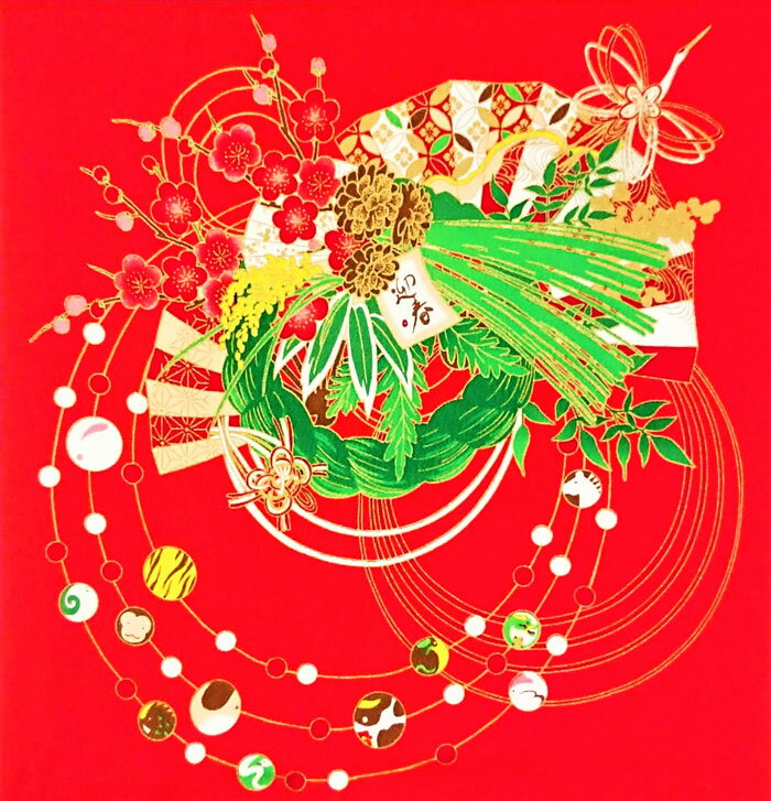 風呂敷 インテリア エコ タペストリー / ちりめん 正月飾り アカ / 壁掛け レーヨン おしゃれ かわいい 風呂敷タペストリー 季節 玄関 壁 壁掛け 掛け軸 季節 四季 ふろしき お弁当包み 伝統 和柄 プチギフト ギフト プレゼント 記念品 日本製