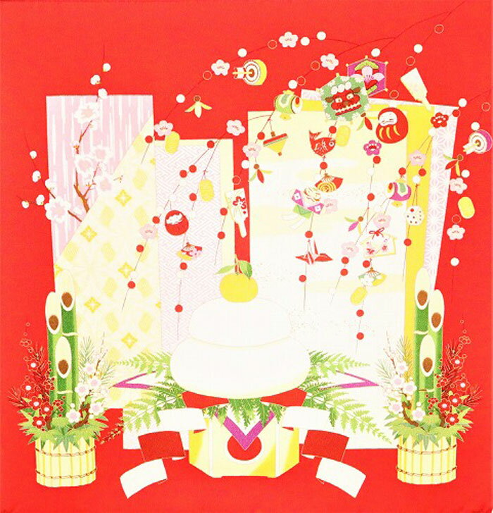 ブラックフライデ-1000円クーポン＆ポイント10倍/ セット棒付 ちりめん 二巾 迎春 アカ 風呂敷 ふろし..