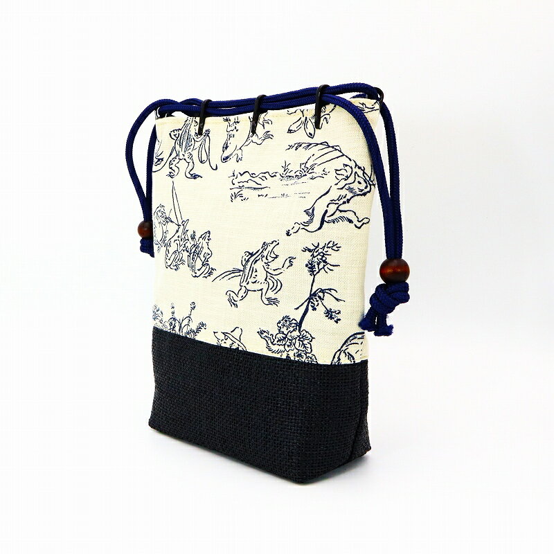 浴衣 巾着 和柄 バッグ メンズ / 網代付 信玄袋 鳥獣戯画 シロ / 底 マチ付き合切袋 巾着型 バッグ 和装 着物 男性 和装小物