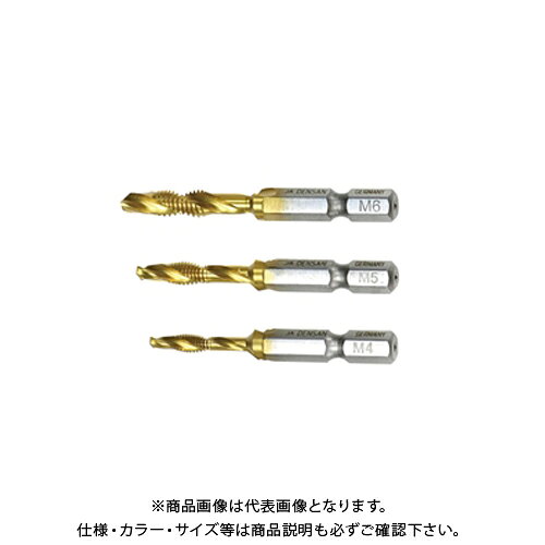 【メーカー名】 ●ジェフコム（株） 【特長】 ●タップとドリルがこれ1本でOK! ●ドリル穴あけ、雌ネジ切り、簡易バリ取りが一連の作業でできる！ ●正逆回転機構付ドリル専用 ●インパクトドライバー対応 ●材質：HSS鋼 ●適用材質：軟鉄・アルミ・プラスチック ●サイズ：M4,M5,M6(3本セット) 【仕様】 ・ピッチ：0.70mm(M4),0.80mm(M5),1.00mm(M6) ・全長：55mm(M4),57mm(M5),60mm(M6) ・質量：9g(M4),10g(M5),10g(M6) ・被削材の厚さ：4mm以下(M4),5mm以下(M5),6mm以下(M6) ●最大回転数 ・軟鉄：1200mim&sup-1;(M4),950mim&sup-1;(M5),800mim&sup-1;(M6) ・アルミ：1500mim&sup-1;(M4),1200mim&sup-1;(M5),950mim&sup-1;(M6) ・プラスチック：1500mim&sup-1;(M4),1200mim&sup-1;(M5),950mim&sup-1;(M6) 【関連商品】 デンサン DENSAN タップ＆ドリル (サイズ：M3) TPD-T3RH デンサン DENSAN タップ＆ドリル (サイズ：M4) TPD-T4RH デンサン DENSAN タップ＆ドリル (サイズ：M5) TPD-T5RH デンサン DENSAN タップ＆ドリル (サイズ：M6) TPD-T6RH デンサン DENSAN タップ＆ドリル (サイズ：M8) TPD-T8RH デンサン DENSAN タップ＆ドリル (サイズ：M10) TPD-T10RH &nbsp; &nbsp; &nbsp; &nbsp;