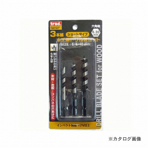 【メーカー名】 ●三共コーポレーション 【特長】 ●喰い込みの良いらせん状。木材、合板、コンパネの穴あけに◇注意：画像はサイズ違いのものになります 【仕様】 ●サイズ/9mm×3本 ●適応機種/電動ドリル、ドリルドライバー、インパクトドライバー（12V以上）、ボール盤 ●材質/高炭素鋼
