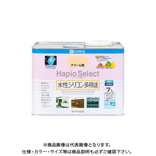 【メーカー】 ●カンペハピオ 【特長】 ●高耐久アクリル・シリコン樹脂配合だから紫外線・排ガス・雪・酸性雨など外敵から建物を守り、長期間風合い・ツヤを保ちます ●臭いが少なく、乾燥も速く、使いやすい水性タイプ ※乾くと雨や水で流れ落ちる事はありません ●防カビ剤配合だから外壁・水まわりなどをカビの発生から守ります ●防サビ配合だから鉄部をサビの発生から守ります 【用途】 ●木部・鉄部・プラスチック(一部を除く)・発泡スチロール・コンクリートなど 【塗れない物】 ●自動車、バイク、高級家具、床面、ビニールクロス、常に水に浸かっている所、鉄以外の金属(ステンレス、アルミ、メッキ、真ちゅう、銅、ホーロー)、タイル、化粧板、陶器、ポリカーボネート、ポリエチレン、ポリプロピレン、シリコンなど特殊処理された素材 【仕様】 ●容量：7L ●色：クリーム色 ●サイズ(幅×奥行×高さ)：238×238×178 ●重量(g)：9240 ●乾燥時間：約1時間(20℃)約2時間(冬期) ●重ね塗り時間：4時間以上(20℃) 6時間以上(冬期) ●塗り面積(m2)：約49〜70 ●塗り重ね回数：1回