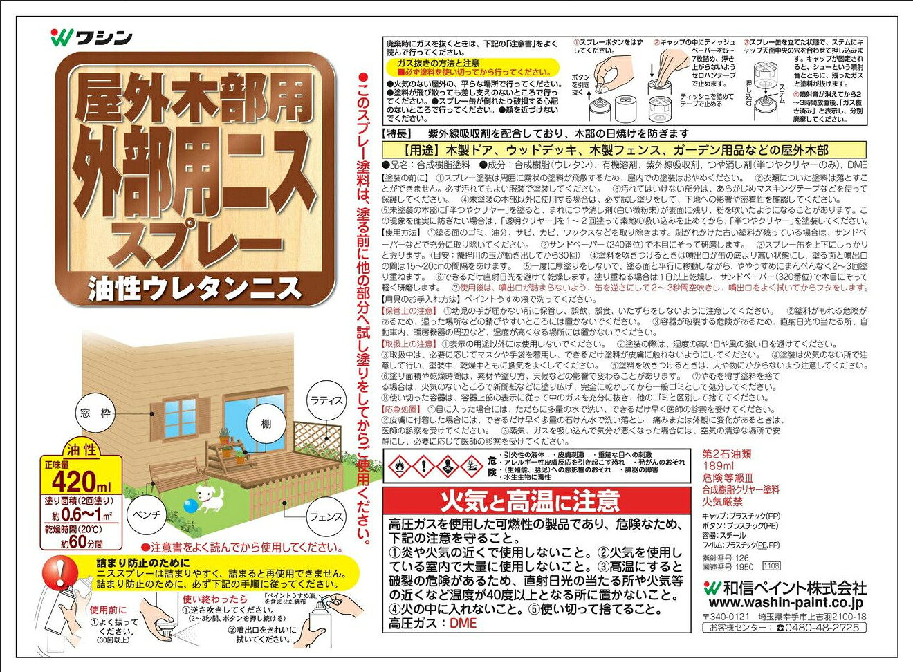 和信ペイント 外部用ニススプレー 半つやクリヤー 420ml #901042