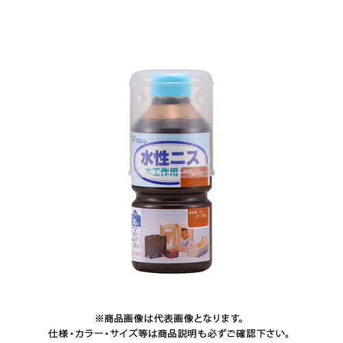 【メーカー】 ●和信ペイント(株) 【特長】 ●手軽に塗れる水性塗料で、着色とニス塗りが同時にできます。 ●乾きが速く、密着性に優れほとんど色あせしません。 ●乾いたあとも塗膜がやわらかい性質を持つため、床・テーブル・棚板などの実用的なものには不向きです。 ●色付きのニスは、塗り重ねると色が濃くなります。 ●同じ製品同士であれば、混ぜて色を作ったり、塗り重ねることができます。 ●薄い色を作りたいときは、透明クリヤーで薄めて下さい。 ●どの色も、ツヤの出る仕上がりになります。 ●乾燥時間は薄塗りした場合の目安です。厚塗すると、著しく乾燥に時間がかかる・乾燥後に表面が割れるなどの不具合が起こる場合がありますので、薄塗りを心がけて下さい。 ●使った刷毛は水で洗えます。石鹸や中性洗剤を使うと、よりきれいに洗うことができます。 【仕様】 ●品番：#910612 ●色：メープル ●サイズ(横×縦×高さ)：65×65×151mm ●重量：0.36kg ●内容量：300ml ●塗り面積：約2m' ●塗り面積(畳の枚数)：約1枚 ※塗面積は、2回塗りした場合の目安です。 ●乾燥時間：約1時間/20℃ ●うすめ液：水(原液のままでも使用できます。) ●ホルムアルデヒド放散等級：F☆☆☆☆ ●水性アクリル系エマルション塗料 【関連商品】 和信ペイント 水性ニス 透明クリヤー 300ml #910611 和信ペイント 水性ニス チーク 300ml #910613 和信ペイント 水性ニス オールナット 300ml #910614 和信ペイント 水性ニス マホガニー 300ml #910615 和信ペイント 水性ニス けやき 300ml #910616