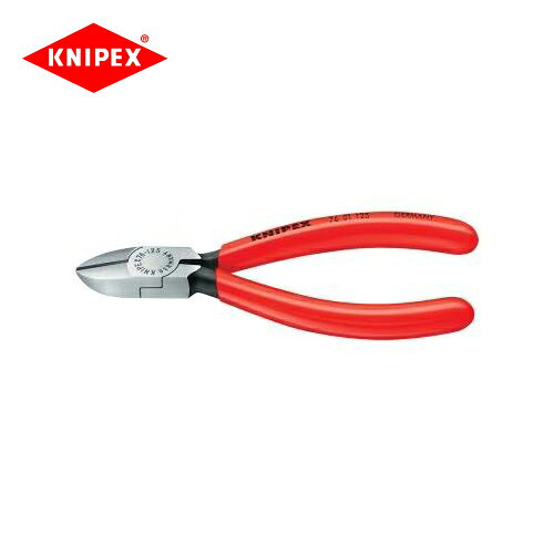 【メーカー】 ●KNIPEX社 【特長】 ●軟線・硬線・ピアノ線及び細い銅線も精密に切断することができます。 ●入念な焼入れ処理が施された刃の硬度は約HRC63。 ●ジョイント部は2枚合わせでスムーズに可動します。 ●材質はオイル焼き入れ焼き戻し処理済みのバナジウム電気鋼 ●切断面は傘状。 【仕様】 ●ヘッド仕上げ：磨き ●ハンドル仕様：プラスチックコーティング ●切断能力（軟線；φmm)：0.4-2.5 ●切断能力（中硬線；φmm)：1.8 ●切断能力(硬線；φmm)：1.0 ●切断能力(ピアノ線；φmm)：0.6 ●長さ(mm)：125 ●質量(g)：90 【関連商品】 クニペックス KNIPEX 絶縁強力型斜めニッパー 7406-200 クニペックス KNIPEX 強力型斜めニッパー 7412-180 クニペックス KNIPEX 強力型斜めニッパー 7421-200 クニペックス KNIPEX ピアノ線用ニッパー 7491-250 クニペックス KNIPEX エレクトロニクス斜ニッパー7502-125 クニペックス KNIPEX エレクトロニクス斜ニッパー7522-125 クニペックス KNIPEX エレクトロニクス斜ニッパー7552-125 クニペックス KNIPEX 電気技師用斜ニッパー7605-125 クニペックス KNIPEX 電気技師用斜ニッパー7622-125 クニペックス KNIPEX エレクトロニクス斜ニッパー7701-115