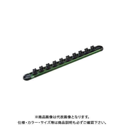 【メーカー】 ●京都機械工具(株) 【特長】 ●樹脂製のクリップでソケットを固定するソケットホルダー。 ●インパクトレンチ用ソケットのピン・リングを装着した状態で着脱可能。 ●差込角別に異なるレールカラーで、ソケットの識別が容易。 ●レールサイズは共通のため、クリップを入れ替えて差込角の異なるソケットを一つのレールで管理できる。 【仕様】 ●差込角(sq)：12.7 ●クリップ数：10 ●高さ(mm)：24.7 ●幅(mm)：28.4 ●全長(mm)：338.5 ●重量(g)：198