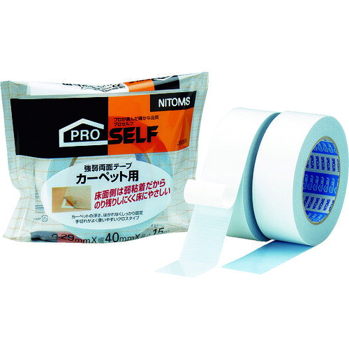 【ご注意】・商品画像はサイズ違いや色違いを含む代表画像(イメージ)を使用している商品がございます。　・モデルチェンジ等により仕様や色等の変更が生じる場合がございます。・画像の商品数と販売数は異なる場合がございます。(例：画像が2本でも販売は1本単位等)※販売単位が不明な場合は当店までお問い合わせくださ。商品画像とサイズ・色が違う等での返品・交換はお受けできませんので最終的な仕様等不明な点はメーカーHP等にてご確認くださいますよう、よろしくお願い致します。【メーカー】●（株）ニトムズ【特長】●平らな面からザラザラ面まで、柔軟性のある厚手タイプの両面テープです。【用途】●ベニヤ板など建材の仮接着、タイルカーペット、玄関マットの固定に。【仕様】●色：ブルー●幅(mm)：40●長さ(m)：15●厚さ(mm)：0.29●粘着力：3.6(1面)/9.1(2面)N/10mm●手で切断可能【材質・仕上げ】●基材:ポリエチレンクロス●粘着剤:ゴム系（白色/カーペット面）、アクリル系（青色/床面）【注意】●敷物側に塩ビが使用されている物には使用出来ません。【質量】●265.000G商品詳細はオレンジブックカタログ2025年の【8巻0734ページ】をご確認下さい。※紙カタログと電子カタログではページが異なる場合がございます。掲載画像はオレンジブックカタログ年初出時のものです。現在の仕様（色・形・細かな性能等）と異なる場合がございます。またサイズ違い等画像がすべてご用意できない場合には、サイズ違いをイメージにて掲載している場合がございます。メーカーHP等で現在の仕様をご確認下さいますようお願いいたします。使用用途に影響のない画像との違いでの返品・交換は致しかねますのでご了承下さい。オレンジブックカタログでは多数のメーカー製品を取扱っております。メーカーによっては店内別ページにて他流通ルートの同等品が別価格で販売されている場合がございますが価格等は購入ページのものとなり変更はできかねます。あらかじめご了承ください。
