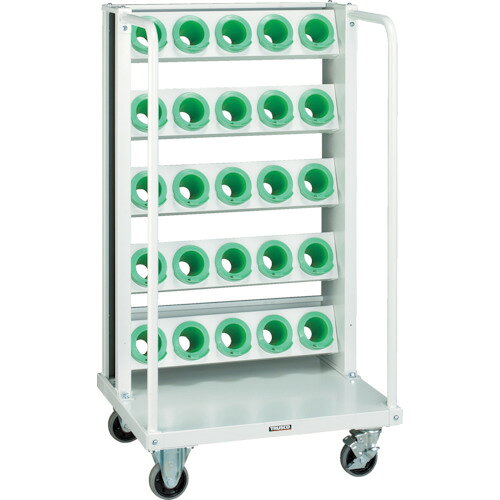 【ご注意】・商品画像はサイズ違いや色違いを含む代表画像(イメージ)を使用している商品がございます。　・モデルチェンジ等により仕様や色等の変更が生じる場合がございます。・画像の商品数と販売数は異なる場合がございます。(例：画像が2本でも販売は1本単位等)※販売単位が不明な場合は当店までお問い合わせくださ。商品画像とサイズ・色が違う等での返品・交換はお受けできませんので最終的な仕様等不明な点はメーカーHP等にてご確認くださいますよう、よろしくお願い致します。【メーカー】●トラスコ中山（株）【特長】●ホルダーはフレームにて角度を2段階で調整することができます。●セーフティーロック機構があるホールディングブッシュを使用しているため、移動時における工具等の落下の心配がなく、安心して使用いただけます。【仕様】●収納ホルダ数：BT・NT50 25個●間口(mm)：675●奥行(mm)：585●高さ(mm)：1225●均等積載量(kg/台)：320●均等積載量(kg/段)：80●色：ヤンググリーン●キャスター径(mm)：100●100mmウレタンキャスター 自在ストッパー付2個、固定2個●BT・NTシャンク兼用●片面移動式【注意】●車上渡しのため、お客様での荷降ろしが必要です。【特記事項】●北海道・沖縄県・離島は記載送料とは異なります【質量】●34.700KG商品詳細はオレンジブックカタログ2025年の【10巻0772ページ】をご確認下さい。※紙カタログと電子カタログではページが異なる場合がございます。掲載画像はオレンジブックカタログ年初出時のものです。現在の仕様（色・形・細かな性能等）と異なる場合がございます。またサイズ違い等画像がすべてご用意できない場合には、サイズ違いをイメージにて掲載している場合がございます。メーカーHP等で現在の仕様をご確認下さいますようお願いいたします。使用用途に影響のない画像との違いでの返品・交換は致しかねますのでご了承下さい。オレンジブックカタログでは多数のメーカー製品を取扱っております。メーカーによっては店内別ページにて他流通ルートの同等品が別価格で販売されている場合がございますが価格等は購入ページのものとなり変更はできかねます。あらかじめご了承ください。