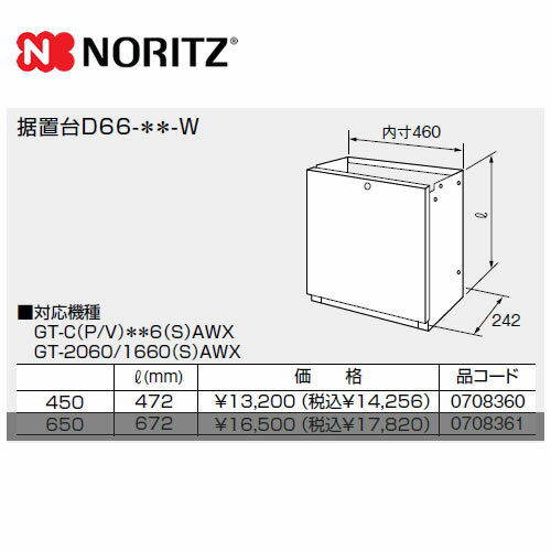 [D66-450-W] ノーリツ ガス給湯器部材 据置台 サイズ:W460×D242×H472 【送料無料】