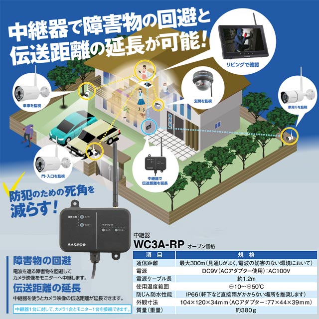 [WC3A-RP] マスプロ 防犯カメラ ワイヤレスカメラセット用 中継器 【送料無料】