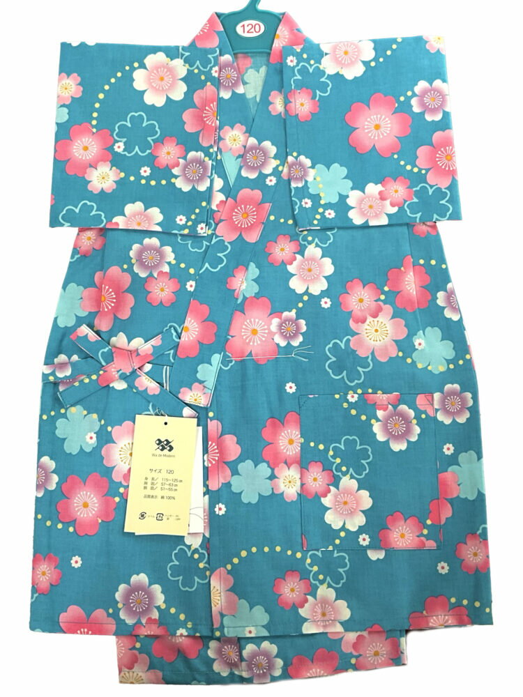 【Wa de Modern】子供甚平 120 女の子 綿 水色　250503-03