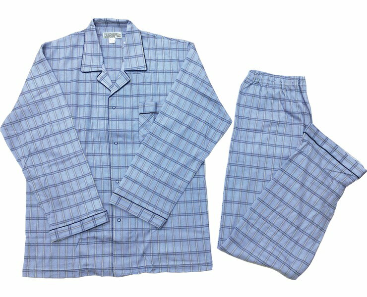 紳士用パジャマ 長袖長ズボン 綿100％ Lサイズ ブルー 日本製