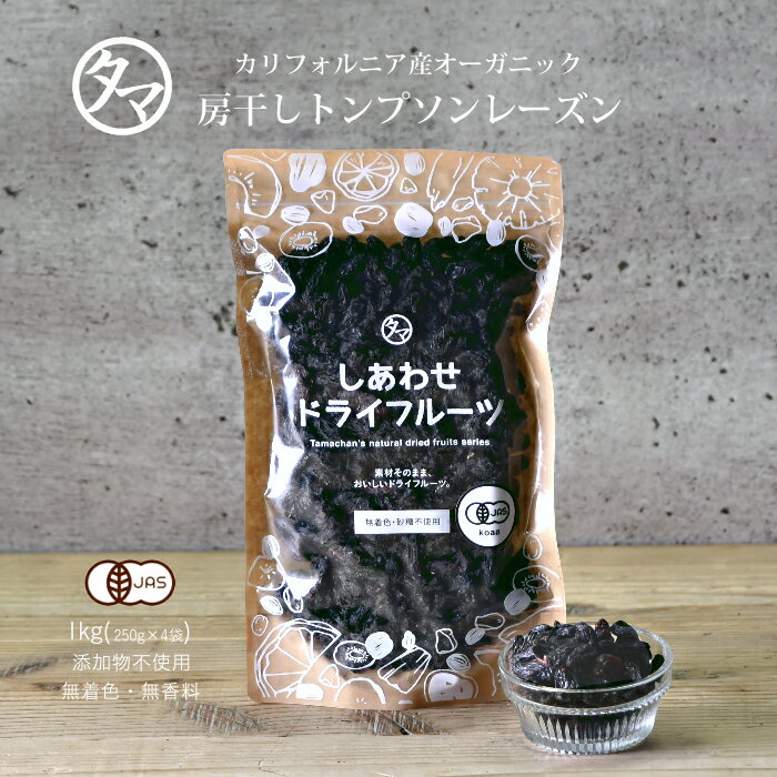【送料無料】房干しトンプソンレーズン1kg(250g×4袋)(カリフォルニア産/無添加)クセのない甘味、シャープな酸味が特徴|ドライフルーツ砂糖不使用ノンオイルオーガニック有機JAS認定レーズンれーずん食品小分けお取り寄せグルメraisinsdryfruit