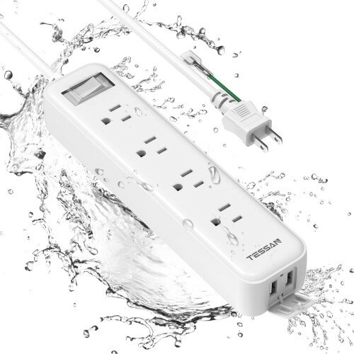 電源タップ 2m 延長コード 防水 TESSAN 防水コンセント テーブルタップ usb コンセント 4個AC口 2個USB-Aポート 雷ガード 一括集中スイッチ マルチタップ 卓上に 壁掛け式 洗面台/キッチン/室内外用