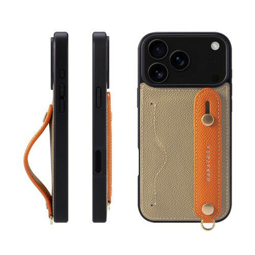HANATORA for iPhone 17ProMax ケース 本革 耐衝撃 背面ベルト カードポケット スマホケース スマホ スタンド機能 ネック ストラップ 付き エンボスレザー ギフト マグネットなし グレージュ+オレンジ NCGH-17ProMax-Grege-OG