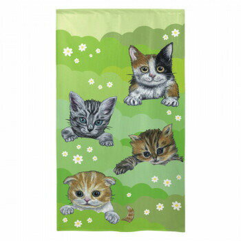 のれん 4匹の猫緑と花 約85cm×約150cm (91202)