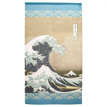 のれん 葛飾北斎 神奈川沖浪裏 大 水色 約85cm×約150cm (91284)