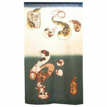 のれん 歌川国芳 猫の当字 ふぐ 約85cm×約150cm (91336)