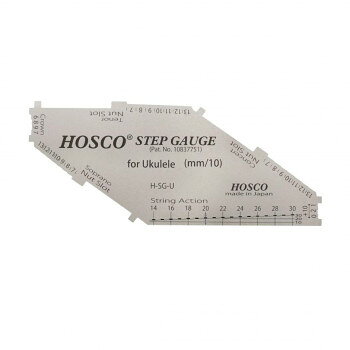 おすすめHOSCO STEP GAUGE は3つの機能を一つにまとめたリペアや調整などのために開発された多機能定規です。通常のストレート定規では測りづらかったり正確な計測ができない部分をこのSTEP GAUGEは正確に簡単に測ることができます。0.1mm単位で計測することができ、ナット溝の高さ、フレットの高さ、弦高などをSTEP GAUGE一つで計測できます。( H-SG-Gについてはナット幅、アコースティックギターのサドル溝の深さ、フレット溝の深さなども計測可能 ) 特許取得の優れもの!すべてのルシアーリペアマン、ギターテックの必須のツールになっています。サイズ85×36×0.1mm個装サイズ：11×7×1cm重量個装重量：20g素材・材質ステンレス仕様特許:Pat. No. 10837751単位:mm/10(1 : 0.1mm)用途:ソプラノウクレレ、コンサートウクレレ、テナーウクレレ、マンドリン( 約308〜578mm )付属品専用アルミケース(93×60×5mm)生産国中国fk094igrjs