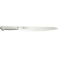 プロの理想の切れ味と使い易さを追求した造り。刺身を引くための庖丁です。ステンレスモナカ構造により軽く、刀身とハンドルはすき間がないので衛生的に使用できます。サイズ個装サイズ：43×6×2cm重量個装重量：300g素材・材質刀身:モリブデン・バナジウム鋼ハンドル:18-8ステンレス鋼仕様刃渡り:270mm食洗機非対応製造国日本プロの理想の切れ味と使い易さを追求した造り。18-8ステンレス鋼を使用し、水・薬品等の高圧・高温殺菌洗浄が可能です。※次亜塩素酸・塩素等での殺菌はしないでください。・モナカハンドル(ハンドル部を空洞にし、軽くていつまでも美観を保つ「ステンレスモナカ構造」を採用。)・一体構造(刀身とハンドルはすき間のない一体構造で非常に衛生的です。)・本研刃造り(本刃付けする前に研ぎなおしを容易にするため、水砥の荒砥・中砥を使用し、刃基を研ぎだしてあります。)・本刃付け(砥石による本格的な刃付けを施し、鋭い切れ味を長く持続させます。)・サブゼロ処理(1050度で焼き入れ後に、-73度以下に冷却する特別な処理により高い硬度と靭性を与え、切れ味を一段と高めてあります。)刺身を引くための庖丁です。ステンレスモナカ構造により軽く、刀身とハンドルはすき間がないので衛生的に使用できます。