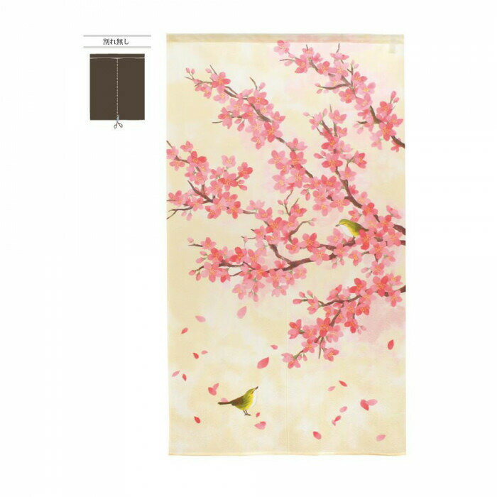 市松柄レースのれん　桜と鳥　W850×H1500　42284