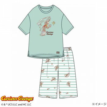 ギャルソンヌ　レディスパジャマ　おさるのジョージ　天竺　半袖・ハーフパンツTスーツ　グリーン　170056　Lサイズ(4.0)