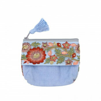 インド刺繍リボン ティッシュケース付ポーチ グレイッシュブルー 13124000412