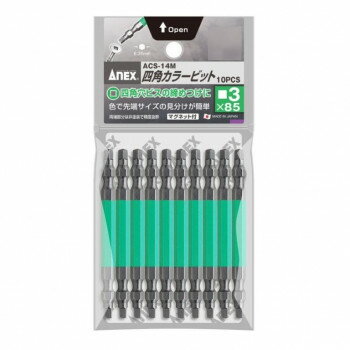 色で先端サイズの見分けが簡単先端精度抜群でアンビルに影響のない両端非塗装です。2×4建築・合板床・ALCボード・筋かい金具などで使用される四角穴ビスに。サイズ刃先3×全長85mm個装サイズ：13.9×8×1.1cm重量190g個装重量：206g素材・材質クロム・モリブデン・バナジウム鋼仕様対辺6.35mm六角軸マグネット付き生産国日本fk094igrjs