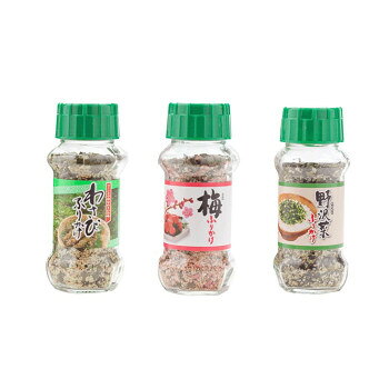 風味ゆたかなふりかけほかほかご飯、おむすび、お弁当にふりかけて、お召し上がりください。【わさびふりかけ】わさびの辛さをいかした、カルシウム豊富なわさびふりかけです。乾燥わさび茎を使用し、鰹・胡麻・海苔で風味を高めています。【梅ふりかけ】梅・しその風味をいかした、ふりかけです。しそを使用し、鰹・胡麻・海苔で風味を高めています。【野沢菜ふりかけ】緑色を基調とした色合いで、野沢菜のイメージ及び風味を生かしたふりかけです。野沢菜に、ごま・のり・鰹で風味をたかめています。内容量わさびふりかけ(85g)・梅ふりかけ(85g)・野沢菜ふりかけ(90g)×各10個サイズ個装サイズ：34.8×17.2×43.5cm重量個装重量：12000g仕様賞味期間：製造日より360日生産国日本栄養成分栄養成分表(100g当たり)【わさびふりかけ】熱量 :359kcal　たんぱく質:13.1g　脂質 :12.6g　炭水化物:48.3g　食塩相当量:19.8g　カルシウム:690mg【梅ふりかけ】熱量 :353kcal　たんぱく質:12.4g　脂質 :12.0g　炭水化物:48.8g　食塩相当量:21.9g【野沢菜ふりかけ】熱量 :366kcal　たんぱく質:15.0g　脂質 :10.1g　炭水化物:53.8g　食塩相当量:15.7g原材料名称：ふりかけ【わさびふりかけ】炒りごま(国内製造)、わさび顆粒(食塩、でん粉、乳糖、砂糖、その他)、ポテトフレーク、鰹風味顆粒(乳糖、食塩、鰹節粉末、砂糖、その他)、ぶどう糖、脱脂小麦胚芽、のり、食塩、でん粉、あおさ、砂糖、ほうれん草粉末、鰹節粉末、デキストリン、乾燥わさび茎、 醤油/調味料(アミノ酸等)、加工でん粉、香料、貝Ca、着色料(カラメル、カロチノイド、紅花黄、クチナシ)、(一部に乳成分・小麦・さば・大豆・ごまを含む)　【梅ふりかけ】梅風味顆粒(食塩、乳糖、砂糖、その他)(国内製造)、ごま、ポテトフレーク、かつお風味顆粒(乳糖、食塩、鰹節粉末、砂糖、その他)、ぶどう糖、脱脂小麦胚芽、乾燥加工梅、のり、食塩、あおさ、醤油、でん粉、砂糖、トマトパウダー、デキストリン/調味料(アミノ酸等)、加工でん粉、貝Ca、着色料(紅麹、カロチノイド、ラック、赤キャベツ、カラメル)、酸味料、香料、甘味料(ステビア、カンゾウ)、(一部に 乳成分・小麦・さば・大豆・ゼラチン・ごまを含む)【野沢菜ふりかけ】炒りごま(国内製造)、鰹風味顆粒(乳糖、食塩、鰹節粉末、砂糖、その他)、ポテトフレーク、ホウレンソウフレーク(小麦粉、乾燥ポテト、砂糖、その他)、脱脂小麦胚芽、ぶどう糖、乳糖、野菜風味顆粒(食塩、乳糖、キャベツパウダー、砂糖、澱粉、その他)、食塩、のり、乾燥野沢菜、わさび顆粒、砂糖、ほうれん草粉末、でん粉、デキストリン/調味料(アミノ酸等)、加工でん粉、貝Ca、着色料(クチナシ、カロチン、カラメル、紅花黄)、香料、(一部に乳成分・小麦・さば・大豆・ごまを含む)アレルギー表示乳、小麦、ごま、さば、大豆（原材料の一部に含んでいます）保存方法直射日光などの高温や多湿を避けて、保存してください。製造（販売）者情報製造者:株式会社みなり広島県東広島市河内町下河内636fk094igrjs