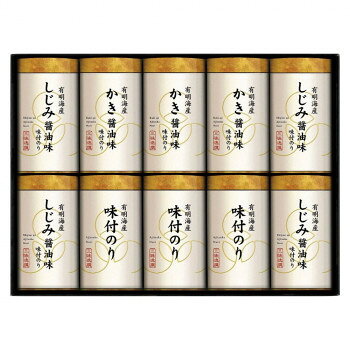 3種の味わいに仕上げた有明海産の風味豊かな海苔をオーソドックスな味付のりに加え、しじみ油味、かき醤油味の3種の味わいに仕上げました。内容量味付のり:8切20枚、味付のり(かき醤油味):8切20枚、味付のり(しじみ醤油味):8切20枚サイズ個装サイズ：37.8×29×7.5cm重量個装重量：687g仕様賞味期間：製造日より450日セット内容味付のり味付のり(かき醤油味)味付のり(しじみ醤油味)生産国日本栄養成分味付海苔秘伝醤油味:エネルギー4.52kcalたんぱく質0.6g脂質0.05g炭水化物0.65g食塩相当量0.05g(1袋あたり)味付海苔しじみ醤油味:エネルギー3.35kcalたんぱく質0.68g脂質0.06g炭水化物0.73g食塩相当量0.11g(1袋当たり)味付海苔かき醤油味:エネルギー3.4kcalたんぱく質0.69g脂質0.06g炭水化物0.75g食塩相当量0.12g(1袋当たり)原材料名称：味付海苔味付海苔:乾のり(有明海産)、砂糖、醤油(大豆・小麦を含む)、味醂、食塩、昆布エキス、エビエキス、鰹エキス、煮干しいりこ/調味料(アミノ酸等)、甘味料(ステビア、甘草)、香辛料抽出物しじみ醤油味付海苔:乾のり(有明海産)、醤油、砂糖、食塩、しじみエキスパウダー、蛋白加水分解物/調味料(アミノ酸等)、甘味料(ステビア)、香辛料抽出物、(一部に小麦・大豆を含む)かき醤油味付海苔:乾のり(有明海産)、醤油、砂糖、食塩、牡蠣、カツオブシエキス、カキエキス、蛋白加水分解物/調味料8アミノ酸等)、甘味料(ステビア)、香辛料抽出物、(一部に小麦・大豆を含む)アレルギー表示小麦、えび、大豆（原材料の一部に含んでいます）保存方法常温での保存製造（販売）者情報ゆかり屋本舗株式会社広島県広島市安佐北区口田南1丁目25番27号fk094igrjs