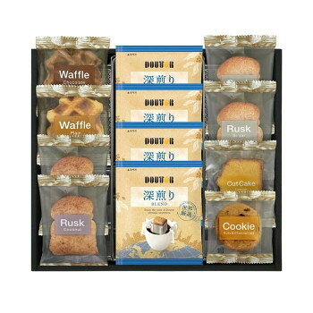 贈り物としてもご家庭用としても甘さを抑え軽い食感に仕上げた馴染みのあるシュガーラスク、香ばしいココナッツの風味が広がる軽い食感のココナッツラスクに、ベルギー産の粒状砂糖「パールシュガー」を加え、食感にアクセントをつけた、程よい甘さのプレーンワッフル、やわらかな生地に、カリカリとした食感がアクセントのチョコレート風味のチョコワッフル、爽やかな甘さの風味が心地よいレモンの香りが活きるアーモンド風味のレモンケーキのセットです。内容量ドトールドリップコーヒー7g×4、ラスク(プレーン・ココナッツ)×各2、ワッフル(プレーン・チョコ)、ナッツとチョコのざっくりクッキー、レモンケーキサイズ個装サイズ：26×29×5cm重量個装重量：330g仕様製造所:(ドトールドリップコーヒー)株式会社ドトールコーヒー(関西工場)兵庫県加東市南山6-3-9製造所:(ラスク(シュガー?ココナッツ))日本ラスクフーズ株式会社茨城県猿島郡五霞町江川1493製造所:(ナッツとチョコのざっくりクッキー)若尾製菓株式会社(蜂屋工場)岐阜県美濃加茂市蜂屋台1-6-1製造所:(ワッフル(プレーン?チョコ))株式会社サンラヴィアン岡山県浅口郡里庄町新庄3920製造所:(レモンケーキ)株式会社栗原園埼玉県入間市宮寺2079-5賞味期間：製造日より180日生産国日本原材料名称：レギュラーコーヒー(粉)、菓子【ドトールドリップコーヒー】コーヒー豆(生豆生産国名:ブラジル、コロンビア、他)【ラスク(シュガー)】小麦粉(国内製造)、砂糖、ぶどう糖、鶏卵、ショートニング、マーガリン、イースト、食塩/イーストフード、乳化剤、酸化防止剤(V.E)、着色料(アナトー、ウコン)、香料、(一部に卵・乳成分・小麦・大豆を含む)【ラスク(ココナッツ)】小麦粉(国内製造)、砂糖、ぶどう糖、ココナッツ、鶏卵、ショートニング、マーガリン、イースト、食塩、ココアパウダー/イーストフード、香料、乳化剤、酸化防止剤(V.E)、着色料(アナトー、ウコン)、(一部に卵・乳成分・小麦・大豆を含む)【ナッツとチョコのざっくりクッキー】小麦粉(国内製造)、砂糖、準チョコレート(砂糖、植物油脂、ココア、カカオマス、全粉乳)、マーガリン、ショートニング、液全卵、マカダミアナッツ加工品、ペカンナッツ、澱粉、食塩/膨張剤、乳化剤、香料、酸化防止剤(V.E)、着色料(カロテン)、(一部に卵・乳成分・小麦・大豆・マカダミアナッツを含む)【ワッフル(プレーン)】小麦粉(国内製造)、マーガリン、砂糖、加糖卵黄、水あめ、波鶏卵、パン酵母、粉末アーモンド、発酵風味液、食塩、植物油脂/乳化剤、香料、V.C、カロテノイド色素、(一部に卵・乳成分・小麦・大豆・アーモンドを含む)【ワッフル(チョコ)小麦粉(国内製造)、砂糖、マーガリン、液鶏卵、チョコレートスプレッドB、水あめ、加糖卵黄、ココアパウダー、パン酵母、発酵風味液、食塩、植物油脂/着色料(カラメル、カロテノイド)、乳化剤、香料、甘味料(スクラロース)、V.C、(一部に卵・乳成分・小麦・大豆を含む)【レモンケーキ】砂糖(国内製造)、卵、小麦粉、マーガリン、アーモンドプードル、食用油脂、麦芽糖、レモン果汁加工品、乳等を主要原料とする食品、ぶどう糖、脱脂大豆粉、乳糖/甘味料(トレハロース、ソルビトール)、乳化剤、膨張剤、香料、着色料(クチナシ、カロテン)、酸味料、安定剤(キサンタンガム)、カゼインNa、調味料(アミノ酸)、酸化防止剤(V.C.V.E)、(一部に卵・乳成分・小麦・大豆・アーモンドを含む)アレルギー表示卵、乳、小麦、大豆（原材料の一部に含んでいます）その他アレルギーアーモンド・マカダミアナッツ保存方法直射日光・高温多湿を避けて保存して下さい。製造（販売）者情報販売者:株式会社千寿堂〒661-0973兵庫県尼崎市善法寺町6-1fk094igrjs
