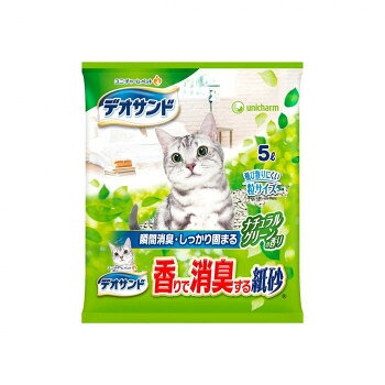 高い消臭効果を実現さわやかなナチュラルグリーンの香り。トイレに砂を入れるときや、オシッコの固まりを取り除くときにも、さわやかなナチュラルグリーンの香りが広がります。さわやかなナチュラルグリーンの香りをイメージした、ホワイト&グリーンの粒色なので、見た目も清潔です。オシッコを吸収すると、粒同士がしっかり固まり崩れにくく、トイレの底も汚れにくいので清潔です。※用途以外に使用しないでください。※トイレは汚れてもかまわない、平らな場所に置いてご使用ください。※本品は食べられないので、飲み込まないでください。特に小児やペットが間違って食べないように注意してください。万が一、飲み込んだ場合は、医師や獣医師にご相談ください。※濡れて青くなった部分が色移りする場合がありますので、ご注意ください。【交換時の注意】※本品の廃棄や補充のときは、換気をよくして、微粉末を吸い込まないようにしてください。万が一、微粉末を吸い込んだ場合は、医師や獣医師にご相談ください。※本品が万が一、人の目に入った場合は流水で洗い流し、医師の診療を受けることをお勧めします。動物の目に入った場合は、獣医師にご相談ください。サイズ個装サイズ：33.2×27.2×6.6cm重量個装重量：1340g素材・材質再生パルプ高分子吸水材デンプン香料仕様猫の室内トイレ用砂容量:5L生産国日本fk094igrjs