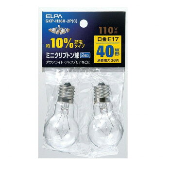 おすすめ40W形約10%節電タイプ。アルゴンガスよりも熱伝導率の低いクリプトンガスの封入で長寿命を実現した電球です。外径のコンパクト化によってスポットライト、ダウンライトなど幅広く使用できます。サイズ全長67×バルブ径35mm個装サイズ：3.5×8.2×14cm重量個装重量：30g仕様定格電圧:110V定格消費電力:36W定格寿命:約2000時間口金:E17入数:2個カラー:クリア生産国日本fk094igrjs