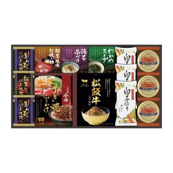 詰め合わせセット人形町今半の「すき焼きふりかけ」、松阪牛パウダーを使った「すき焼き風松阪牛ふりかけ」にフリーズドライやお吸い物等をギッシリ詰め合わせました。内容量ふりかけ各30g、松茸入吸い物4.2g各1袋、あわび入吸い物4g×2、白子のり(8切5枚)3袋、海苔茶漬け6g×2、松茸風味吸い物2.3g×2、わかめスープ3.5g×3、紅ずわいがにほぐし55g×3サイズ個装サイズ：53.4×20×4.2cm重量個装重量：830g仕様賞味期間：製造日より300日生産国日本原材料名称：ふりかけ、味付けのり、乾燥スープ、お茶漬け、即席お吸いもの、紅ずわいがに水煮(フレーク)【すき焼ふりかけ】しょうゆ(国内製造)、牛肉、みりん、 砂糖、粒状植物性たん白、清酒、玉ねぎ、生姜、果実酒、乾燥たまご、酵母エキス、牛脂、乾燥しいたけ、乾燥ねぎ、 食塩/トレハロース【松阪牛ふりかけ】パン粉(国内製造)、砂糖、乳糖、白ごま、卵黄粉、でん粉、発酵調味料、しょうゆ、のり、粉末しょうゆ、にんじんフレーク(乳糖、でん粉、にんじん)、食塩、酵母エキス、松阪牛粉末(松阪牛肉、でん粉)、かつお削節、たんばく加水分解物/調味料(アミノ酸等)、着色料(カラメル、カロテノイド、V.Bz)、酸化防止剤(V.E、V.C)、甘味料(甘草)【あわび入吸い物】魚貝エキス調味料(魚貝エキス、しょう油、食塩)、チキン調味料(食塩、デキストリン、チキンパウダー、その他)、食塩、でん粉、ゼラチン、うきみ、具(チンゲン菜(中国産)、鶏卵、あわび、ゆず)/調味料(アミノ酸等)、酸化防止剤(ビタミンE)、香料、香辛料抽出物、カラメル色素、酸味料【白子のり】乾のり(国産)、調味液(しょうゆ(小麦を含む)、砂糖、水あめ、食塩、かつお節エキス、えびエキス、酵母エキス、こんぶエキス)/調味料(アミノ酸等)、甘味料(甘草)、香辛料【松茸入吸い物】しょう油、デキストリン、チキン調味料(食塩、デキストリン、チキンパウダー、その他)、食塩、和風だし調味料、ゼラチン、うきみ、具(みつば(国産)、まつたけ)/増粘剤(加エデンプン、キサンタンガム)、調味料(アミノ酸等)、香料、酸化防止剤(ビタミンE)、酸味料【海苔茶漬け】調味顆粒(食塩、乳糖、砂糖、抹茶、でん粉)(国内製造)、乳糖、あられ、のり、抹茶、でん粉/調味料(アミ ノ酸等)【松茸風味吸い物】調味顆粒(食塩、砂糖、鰹節粉、鰹エキス、醤油)(国内製造)、ふ、わかめ、乾燥ねぎ/調味料(アミノ酸等)、カラメル色素、香料、酸化防止剤(ビタミンE)、クエン酸【わかめスープ】食塩(国内製造)、粉末醤油(小麦?大豆を含む)、畜肉エキスパウダー(豚肉?鶏肉を含む)、香辛料、砂糖、オニオン粉末、粉末油脂(乳成分を含む)、鰹節粉末、昆布粉末、椎茸粉末、力レー粉、うきみ?具(わかめ、ごま、ねぎ)/調味料(アミノ酸等)【紅ずわい蟹ほぐし】紅ずわいかに、砂糖、食塩/調味料(アミノ酸等)、リン酸塩(Na)、増粘剤(キサンタン)、酸化防止剤(亜硫酸塩)アレルギー表示卵、乳、小麦、えび、かに、あわび、牛肉、ごま、大豆、鶏肉、豚肉、まつたけ、ゼラチン（原材料の一部に含んでいます）保存方法【松茸入お吸い物】直射日光、高温多湿の所を避け、冷暗所に保存してください。【その他商品】直射日光、高温多湿を避け常温で保存してください。製造（販売）者情報販売者【すき焼ふりかけ】株式会社人形町今半【松阪牛ふりかけ】有限会社伊藤牧場【あわび入お吸い物・松茸入お吸い物】シーラック株式会社【海苔茶漬け】株式会社丸美屋フーズ【松茸風味吸い物】株式会社永谷園【紅ずわい蟹ほぐし】株式会社ニッスイ製造者【わかめスープ】東味株式会社【白子のり】株式会社白子fk094igrjs