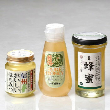 100％国産の蜂蜜3個セット!!アカシア蜂蜜は信州北信地方のアカシアの花から採取した国産蜂蜜です。あっさりした優しい甘みが人気!!おいしいはちみつも100％国産です♪完熟蜜のみ採取し、いわゆる非加熱で瓶詰めまでしている徹底したこだわり。砂糖の替わりにコーヒー・紅茶にも使用できるはちみつ3個セットです。サイズ個装サイズ：6×18×15cm重量個装重量：1200g仕様賞味期間：製造日より720日生産国日本fk094igrjs