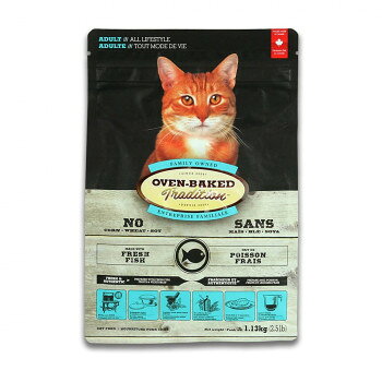 全てのアダルトキャットに。新鮮な白身魚を使用しています。魚由来のコラーゲンを豊富に含有しています。必須アミノ酸を含む、18種類のアミノ酸を含有しています。OBTは低温でじっくりと時間をかけることで、香り・風味・栄養分を損なうことなく保持することが可能となりました。「オーブンベークド製法」は粒がカチカチに硬くなることがなく、簡単に噛み砕けて、消化吸収に優れています。OBTを製造しているバイオビスケット社はHACCP(ハサップ)の認可を受けております。HACCPとは人間の食品衛生管理システムです。OBTでは主原料に使用されている全ての原材料に於いて人が食する基準をクリアしています。もちろん、AFFCO(アメリカ飼料検査官協会)の適合品でもあります。商品区分健康食品内容量1.13kgサイズ個装サイズ：12×20×30cm重量個装重量：1200g仕様賞味期間：製造日より540日生産国カナダ原材料名称：オーブン・ベークドトラディションCATアダルトフィッシュ成猫用1.13kgフィッシュ(フレッシュフィッシュ28.0%、ディハイドレイテッドフィッシュ16.28%)、オートミール、脱穀大麦、玄米、キャノーラオイル、ビートパルプ、ビール酵母、カボチャ、亜麻仁、ニンジン、サツマイモ、リンゴ、ブルーベリー、ホウレンソウ、サーモンオイル、イヌリン、クランベリー、パイナップル、緑茶エキス、藻類、コンドロイチン硫酸、グルコサミン塩酸塩、パセリ、ユッカシジゲラエキス、ローズマリーエキス【栄養添加物/kg】ビタミン類:ビタミンA(酢酸レチニル)10000IU、ビタミンD3(コレカルシフェロール)750IU、ビタミンE150mg、タウリン1000mg微量ミネラル類:鉄(硫酸第一鉄一水和物)70.13mg、亜鉛(硫酸亜鉛一水和物)68.4mg、マンガン(硫酸マンガン一水和物)6.848mg、銅(硫酸銅五水和物)13.5mg、セレン(亜セレン酸ナトリウム)0.0027mg、ヨウ素(無水ヨウ素酸カルシウム)1.664mg【技術的添加物】酸化防止剤:ミックストコフェロール、クエン酸保存方法風通しがよい涼しい場所に保管し、直射日光や熱を避けてください。製造（販売）者情報輸入販売元:株式会社ファンタジーワールド大阪府東大阪市楠根1-4-25fk094igrjs
