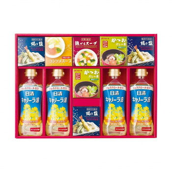 もらってうれしい!調味料バラエティギフトキャノーラ油、かつおだしの素、焼き塩など、いつもの料理の味わいを豊かにする調味料を詰合せた和食、洋食、中華と幅広く使って頂けるバラエティ調味料ギフトです。【食品名称】日清キャノーラ油:食用なたね油、マルトモかつおだしの素:風味調味料(かつお)、焼き塩:塩、鶏がらスープ:ガラスープ(調味料)、コンソメスープ:乾燥スープ(コンソメ)サイズ個装サイズ：43×32×7cm重量個装重量：2400g仕様賞味期間：製造日より540日セット内容日清キャノーラ油350g×4本・マルトモかつおだしの素(4g×6袋)2箱・焼き塩(20g×2袋)3箱・鶏がらスープ(20g×2袋)・コンソメスープ(20g×2袋)各1箱生産国日本栄養成分かつおだしの素1袋(4g)当たりエネルギー:9kcal、たんぱく質:1.0g、脂質:0.02g、炭水化物:1.3g、食塩相当量:1.6g焼き塩(100g)当たりエネルギー:0kcal、たんぱく質:0g、脂質:0g、炭水化物:0g、食塩相当量:98g、カルシウム:110mg、カリウム:30mg、マグネシウム:130mgコンソメスープ1袋(5g)当たりエネルギー:10kcal、たんぱく質:0.75g、脂質:0.3g、炭水化物:1.1g、食塩相当量:2.7g鶏がらスープ1袋(5g)当たりエネルギー:11kcal、たんぱく質:0.8g、脂質:0.3g、炭水化物:1.25g、食塩相当量:2.5g日清キャノーラ油(大さじ1杯(14g)当たり)熱量:126kcal、たんぱく質:0g、脂質:14g、炭水化物:0g、ナトリウム:0mg、コレステロール:0　飽和脂肪酸含有割合7%原材料(マルトモかつおだしの素)食塩(国内製造、韓国製造)、砂糖類(グラニュー糖、乳糖)、風味原料(かつおぶし粉末、かつおエキス)/調味料(アミノ酸等)(焼き塩)天日海塩(メキシコまたはオーストラリア)、海水(日本)(国内製造)(コンソメスープ)食塩(国内製造)、砂糖、香味食用油脂、粉末しょうゆ、たん白加水分解物、香辛料、野菜エキスパウダー、酵母エキスパウダー、粉末油脂、デキストリン、チキンエキスパウダー、粉末酢、でん粉、ぶどう糖/調味料(アミノ酸等)、カラメル色素、酸味料、香料、(一部に乳成分・小麦・ごま・大豆・鶏肉・豚肉を含む)(鶏がらスープ)食塩(国内製造)、乳糖、ガラスープパウダー、動物油脂、たん白加水分解物、粉末油脂、酵母エキス、粉末しょうゆ、野菜エキスパウダー、チキンエキスパウダー、香辛料、でん粉/調味料(アミノ酸等)、カラメル色素、(一部に乳成分・小麦・豚肉・鶏肉・ごま・大豆を含む)(日清キャノーラ油)食用なたね油アレルギー表示乳、小麦、牛肉、さば、大豆、鶏肉、豚肉、ゼラチン（原材料の一部に含んでいます）保存方法常温保存製造（販売）者情報日清キャノーラ油:日清オイリオグループ株式会社マルトモかつおだしの素・焼き塩・鶏がらスープ・コンソメスープ:アピデ株式会社fk094igrjs
