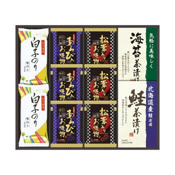 おいしさを、ひと箱にあわび・松茸の贅沢な食材を使用したフリーズドライと、北海道産のお茶漬けなど海の幸を詰め合わせました。内容量あわび入お吸い物4g×3、松茸入吸い物4.2g×3、鮭茶漬け(4g×2)1袋、海苔茶漬け(6g×2)1袋、白子のり(8切5枚)2袋サイズ個装サイズ：36.3×30×4.2cm重量個装重量：325g仕様賞味期間：製造日より360日生産国日本原材料名称：乾燥スープ、乾燥スープ(松茸のお吸い物)、鮭茶漬け、お茶漬け、味付のり【あわび入お吸い物】魚貝エキス調味料(魚貝エキス、しょう油、食塩)、チキン調味料(食塩、デキストリン、チキンパウダー、その他)、食塩、でん粉、ゼラチン、うきみ、具(チンゲン菜(中国産)、鶏卵、あわび、ゆず)/調味料(アミノ酸等)、酸化防止剤(ビタミンE)、香料、香辛料抽出物、カラメル色素、酸味料、(一部に卵・乳成分・小麦・あわび・大豆・鶏肉・ゼラチンを含む)【松茸入お吸い物】しょう油、デキストリン、チキン調味料(食塩、デキストリン、チキンパウダー、その他)、食塩、和風だし調味料、ゼラチン、うきみ、具(みつば(国産)、まつたけ)/増粘剤(加エデンプン、キサンタンガム)、調味料(アミノ酸等)、香料、酸化防止剤(ビタミンE)、酸味料、(一部に小麦・乳成分・ごま・大豆・鶏肉・まつたけ・ゼラチンを含む)【鮭茶漬け】青のり風味顆粒(食塩、アオサ粉末、でん粉)(国内製造)、あられ、ごま、たらこ風味顆粒(食塩、砂糖、乳糖、澱粉、その他)、さけフレーク(食塩、さけ、糖類(砂糖、乳糖)、デキストリン)、鰹風味顆粒(乳糖、食塩、鰹節粉末、砂糖、その他)、鮭風味顆粒(乳糖、砂糖、食塩、鮭パウダー)、のり、乾燥わかめ、食塩、砂糖/調味料(アミノ酸等)、着色料(アナトー、紅麹、カラメル)、酸化防止剤(ビタミンE)、(一部に乳成分・小麦・さけ・さば・大豆・ごまを含む)【海苔茶漬け】調味顆粒(食塩、乳糖、砂糖、抹茶、でん粉)(国内製造)、乳糖、あられ、のり、抹茶、でん粉/調味料(アミ ノ酸等)、(一部に乳成分を含む)【白子のり】乾のり(国産)、調味液(しょうゆ(小麦を含む)、砂糖、水あめ、食塩、かつお節エキス、えびエキス、酵母エキス、こんぶエキス)/調味料(アミノ酸等)、甘味料(甘草)、香辛料アレルギー表示卵、乳、小麦、えび、あわび、さけ、さば、大豆、鶏肉、まつたけ、ゼラチン（原材料の一部に含んでいます）保存方法直射日光を避け、常温にて保存してください。製造（販売）者情報【あわび入お吸い物・松茸入お吸い物】販売者:シーラック株式会社【鮭茶漬け】販売者:株式会社中久【海苔茶漬け】販売者:株式会社丸美屋フーズ【白子のり】製造者:株式会社白子fk094igrjs
