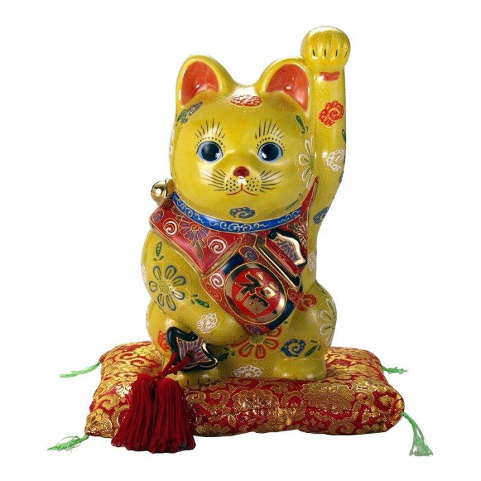 九谷焼 8号小槌持招猫 黄盛 N193-08