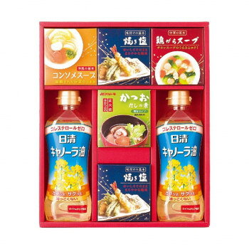 もらってうれしい!調味料バラエティギフトキャノーラ油、かつおだしの素、焼き塩など、いつもの料理の味わいを豊かにする調味料を詰合せた和食、洋食、中華と幅広く使って頂けるバラエティ調味料ギフトです。【食品名称】日清キャノーラ油:食用なたね油、マルトモかつおだしの素:風味調味料(かつお)、焼き塩:塩、鶏がらスープ:ガラスープ(調味料)、コンソメスープ:乾燥スープ(コンソメ)サイズ個装サイズ：27×32×6cm重量個装重量：1300g仕様賞味期間：製造日より540日セット内容日清キャノーラ油350g×2本・マルトモかつおだしの素(4g×6袋)・鶏がらスープ(20g×2袋)・コンソメスープ(20g×2袋)各1箱・焼き塩(20g×2袋)2箱生産国日本栄養成分かつおだしの素1袋(4g)当たりエネルギー:9kcal、たんぱく質:1.0g、脂質:0.02g、炭水化物:1.3g、食塩相当量:1.6g焼き塩(100g)当たりエネルギー:0kcal、たんぱく質:0g、脂質:0g、炭水化物:0g、食塩相当量:98g、カルシウム:110mg、カリウム:30mg、マグネシウム:130mgコンソメスープ1袋(5g)当たりエネルギー:10kcal、たんぱく質:0.75g、脂質:0.3g、炭水化物:1.1g、食塩相当量:2.7g鶏がらスープ1袋(5g)当たりエネルギー:11kcal、たんぱく質:0.8g、脂質:0.3g、炭水化物:1.25g、食塩相当量:2.5g日清キャノーラ油(大さじ1杯(14g)当たり)熱量:126kcal、たんぱく質:0g、脂質:14g、炭水化物:0g、ナトリウム:0mg、コレステロール:0　飽和脂肪酸含有割合7%原材料(マルトモかつおだしの素)食塩(国内製造、韓国製造)、砂糖類(グラニュー糖、乳糖)、風味原料(かつおぶし粉末、かつおエキス)/調味料(アミノ酸等)(焼き塩)天日海塩(メキシコまたはオーストラリア)、海水(日本)(国内製造)(コンソメスープ)食塩(国内製造)、砂糖、香味食用油脂、粉末しょうゆ、たん白加水分解物、香辛料、野菜エキスパウダー、酵母エキスパウダー、粉末油脂、デキストリン、チキンエキスパウダー、粉末酢、でん粉、ぶどう糖/調味料(アミノ酸等)、カラメル色素、酸味料、香料、(一部に乳成分・小麦・ごま・大豆・鶏肉・豚肉を含む)(鶏がらスープ)食塩(国内製造)、乳糖、ガラスープパウダー、動物油脂、たん白加水分解物、粉末油脂、酵母エキス、粉末しょうゆ、野菜エキスパウダー、チキンエキスパウダー、香辛料、でん粉/調味料(アミノ酸等)、カラメル色素、(一部に乳成分・小麦・豚肉・鶏肉・ごま・大豆を含む)(日清キャノーラ油)食用なたね油アレルギー表示乳、小麦、牛肉、さば、大豆、鶏肉、豚肉、ゼラチン（原材料の一部に含んでいます）保存方法常温保存製造（販売）者情報日清キャノーラ油:日清オイリオグループ株式会社マルトモかつおだしの素・焼き塩・鶏がらスープ・コンソメスープ:アピデ株式会社fk094igrjs
