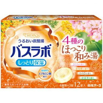 うるおい炭酸湯でゆったりバスタイムスキンケアタイプの炭酸ガスの薬用入浴剤です。なめらかな泡が湯面にただよい、すべすべな肌ざわりに。ヒアルロン酸(保湿成分)を配合しています。4種のほっこり和み湯が楽しめます。【使用方法】●家庭用浴槽にお湯(約200L)を張り、本品1錠(45g)を入れ、錠剤を溶かしきってから入浴してください。●泡が消えた後も炭酸ガスがお湯に溶け込んでいるので、効果は長続きします。●溶かしてから2時間以内の入浴がより効果的です。【使用上の注意】●本品と他の入浴剤は併用しないでください。●小児の手の届かない所に保管してください。●入浴以外の用途には使用しないでください。●高温多湿の場所に保管しないでください。●アルミパック開封後はすぐにお使いください。(身体について)●入浴の際、まれに咳き込む場合があります。その際は換気をしてください。●皮フあるいは体質に異常がある場合は医師に相談してご使用ください。●使用中や使用後、皮フに発疹、発赤、かゆみ、刺激感等の異常が現れた場合、使用を中止し、医師にご相談ください。●使用中にじんましん、息苦しさなどの異常が現れた場合には直ちに使用を中止し、医師又は薬剤師に相談してください。特に、アレルギー体質の人や、薬などで発疹などの過敏症状を経験したことがある人は、十分注意して使用してください。●本品は食べられません。万一飲み込んだ場合は、水を飲ませる等の処置を行ってください。(浴槽について)●浴槽・風呂釜をいためるイオウは入っておりません。●天然大理石浴槽では表面の光沢が失われることがあります。●浴槽の汚れは早めに浴室用洗剤で落としてください。時間がたつと落ちにくくなり、入浴剤の色素が付着して色がつくこともあります。●入浴剤を溶かしたお湯を追いだきすると、ごくまれに配管や風呂釜の汚れが出てくることがあります。(残り湯について)●残り湯は洗濯に使えますが、すすぎは清水をお使いください。着色するおそれがあるので、次の場合は使わないでください。(柔軟仕上げ剤との併用、つけおき、おろしたての衣類)●植物への水やりに使わないでください。●浴槽でのすべりにご注意ください。商品区分医薬部外品内容量45g×12錠(4種類×3錠)サイズ個装サイズ：15.7×10.4×6.8cm重量個装重量：780g成分炭酸水素Na※炭酸Na※硫酸Na※コハク酸デキストリンPEG6000ヒアルロン酸Na-2POE(300)POP(55)ケイ酸Ca香料(+/-)赤102、赤106、青2、黄4、黄5※は「有効成分」、無表示は 「その他の成分」仕様【4種のほっこり和み湯】・ほんのり華やぐ さくらの香り:チェリーピンクのお湯・可憐に咲き誇る 金木犀の香り:フレッシュイエローのお湯・気持ちがゆったり ひのきの香り:ウッドブラウンのお湯・すっきりと心地よい かぼすの香り:シトラスグリーンのお湯【効能】疲労回復、冷え症、肩のこり、あせも、しっしん、荒れ性、にきび、腰痛、神経痛、痔、リウマチ、しもやけ、ひび、あかぎれ生産国日本製造（販売）者情報【製造販売元】白元アース株式会社fk094igrjs