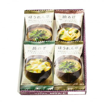 ギフトにおすすめ!味噌汁セットお湯を注ぐだけで本格的な味わい。信州の米味噌、鰹と昆布の旨みたっぷりの合わせだしを使用したフリーズドライ味噌汁は常温で長期保存も可能です。サイズ個装サイズ：14×21×3cm重量個装重量：80g仕様賞味期間：製造日より450日セット内容フリーズドライ味噌汁(油あげ7.2g・長ねぎ6.3g各1個・ほうれん草6.2g×2個)生産国日本原材料名称：即席みそ汁(乾燥タイプ)アレルギー表示大豆（原材料の一部に含んでいます）保存方法常温保存製造（販売）者情報アピデ株式会社fk094igrjs