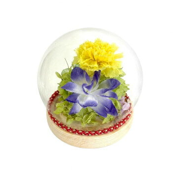 四季折々のお花を入れ込んだアレンジフラワー小さな丸型ガラスに四季折々のお花を入れ込んだアレンジフラワー。台座は木製で優しい印象にまとめました。※プリザーブド及びドライフラワーは自然素材を加工しているため、入荷時期により色・形・サイズ・重さなどが若干異なる場合がございます。※使用されている花材は予告なく変更になる可能性がございます。予めご了承ください。サイズφ100×H102mm個装サイズ：95×32×32cm重量個装重量：500g素材・材質プリザーブドフラワー、アーティシャルフラワー、アレンジ用スポンジ、組紐、ガラス、木製台座生産国日本fk094igrjs