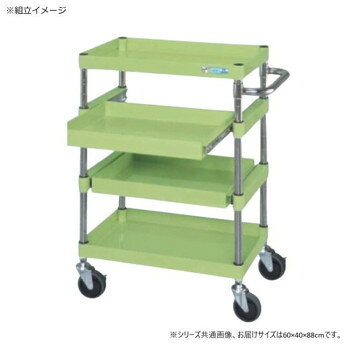 堅牢・安全・美観、三拍子揃ったワゴンボルトレスで組立簡単。棚板を逆さにするだけで、皿型・フラット型と組み替えることができます。静粛性・始動性に優れるサイレントエラストマー車を採用。積載物が取り出しやすいスライド棚仕様です。※配達希望日の明記は可能ですが、確約ではございません。※お届けは車上渡しとなります。 ※搬入場所の状況等によって搬入制限や追加料金が生じる場合があります。※この商品は5個口での出荷になります。(目安個装サイズ:11×81×5cm:3100g/26×21×9cm:2150g/42×64×11cm:7950g/42×63×7cm:5450g/15×41×6cm:700g)※法人への配送の場合は、必ず法人名をご記載ください。サイズ外寸:W600×D400×H880mm個装サイズ：11×81×5cm重量約21kg個装重量：3100g素材・材質支柱:クロムメッキ25.4φ、棚板調整ピッチ50mm改正RoHS10物質対応仕様外寸:W600×D400×H880mm均等耐荷重:140kg本体色:グリーン質量:21kgキャスター:100φサイレントエラストマー車段数:4(内スライド棚2段)組立式生産国日本fk094igrjs