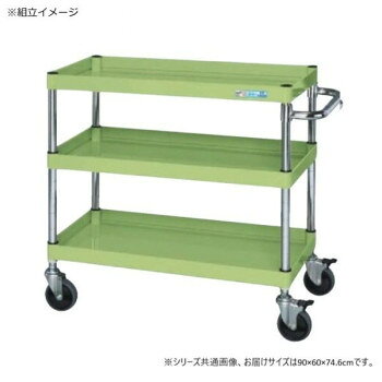 ベアリング内臓により静粛性能を高めたワゴンボルトレスで組立簡単。棚板を逆さにするだけで、皿型・フラット型と組み替えることができます。1段階目で旋回、2段階目で車輪を固定できるダブルストッパー付キャスター仕様です。※配達希望日の明記は可能ですが、確約ではございません。※お届けは車上渡しとなります。 ※搬入場所の状況等によって搬入制限や追加料金が生じる場合があります。※この商品は5個口での出荷になります。(目安個装サイズ:11×67×5cm:2600g/26×21×10cm:2300g/62×94×11cm:17400g/62×93×6cm:8950g/16×61×6cm:900g)※法人への配送の場合は、必ず法人名をご記載ください。サイズ外寸:W900×D600×H746mm個装サイズ：11×67×5cm重量約25kg個装重量：2600g素材・材質支柱:クロムメッキ25.4φ、棚板調整ピッチ50mm改正RoHS10物質対応仕様外寸:W900×D600×H746mm均等耐荷重:150kg本体色:グリーン質量:25kgキャスター:100φサイレントエラストマー車段数:3組立式生産国日本fk094igrjs