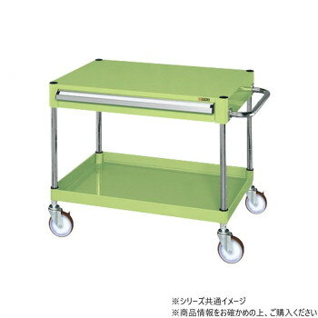 ボルトレスで組立簡単棚板を逆さにするだけで、皿型・フラット型と組み替えることができます。静粛性・始動性に優れるサイレントエラストマー車を採用。収納に便利な引出し付です。※配達希望日の明記は可能ですが、確約ではございません。※この商品は5個口での出荷になります。(目安個装サイズ:110×530×45mm:2.05kg/260×210×85mm:2.15kg/420×625×50mm:4.2kg/105×360×50mm:0.5kg/455×645×1109.25kg)※お届けは車上渡しとなります。※搬入場所の状況等によって搬入制限や追加料金が生じる場合があります。※法人への配送の場合は、必ず法人名をご記載ください。内容量※この商品は5個口での出荷になります。(目安個装サイズ:110×530×45mm:2.05kg/260×210×85mm:2.15kg/420×625×50mm:4.2kg/105×360×50mm:0.5kg/455×645×1109.25kg)サイズ個装サイズ：11×53×5cm重量個装重量：2050g仕様外寸:W600×D400×H600mm均等耐荷重:140kg本体色:グリーン質量:16kgキャスター:100φサイレントエラストマー車段数:2支柱:クロムメッキ25.4φ引出し:浅引出し(有効内寸法W478×D318×H64mm)1段改正RoHS10物質対応組立式生産国日本fk094igrjs